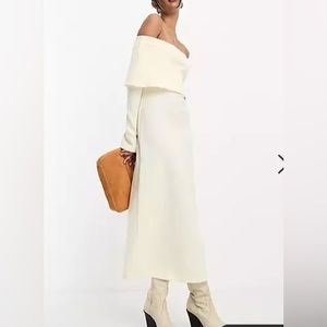 ASOS DESIGN super soft bardot midi dress with flare sleeve in winter white